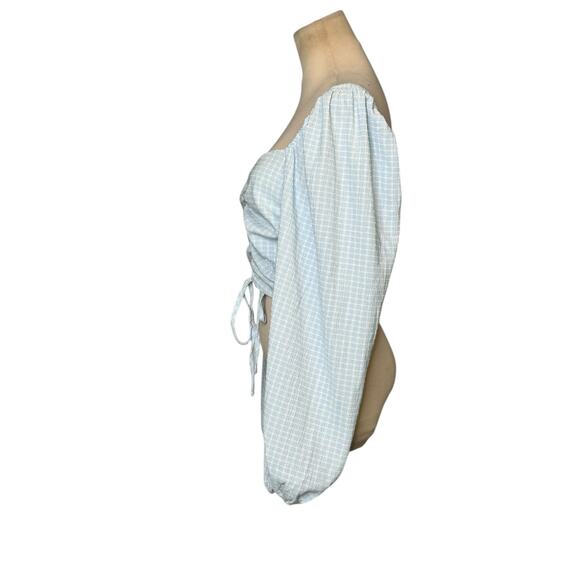 Vestique Blue White Checkered Pattern Long Sleeves Ruched Crop Top size M - Picture 7 of 16